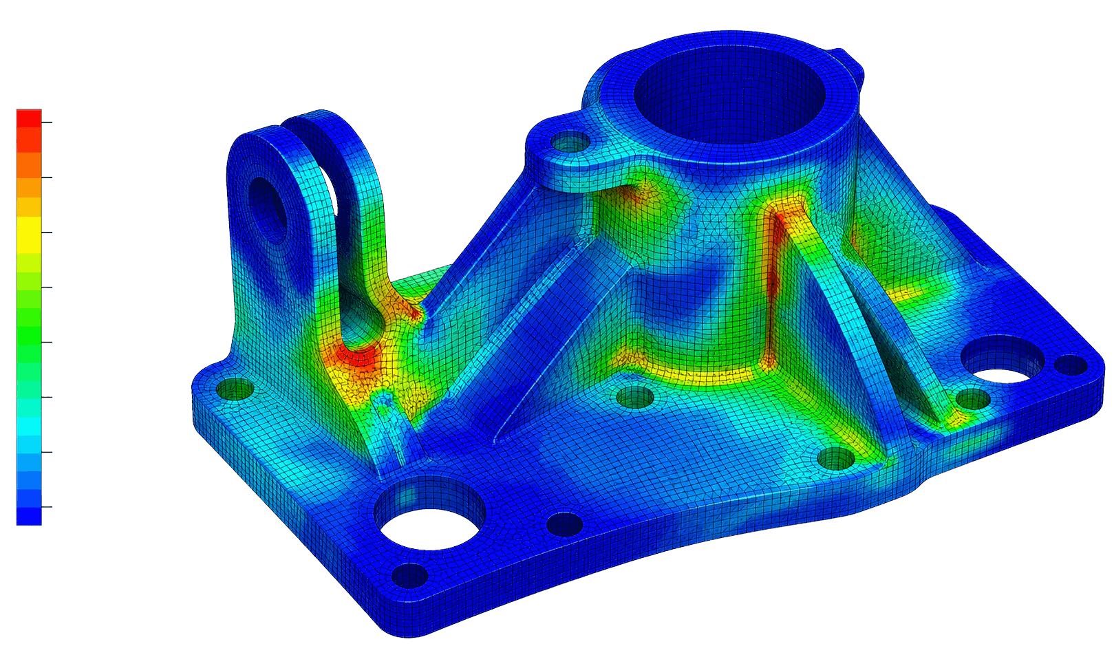 Finite element mesh and stress contour on an engineered mechanical component