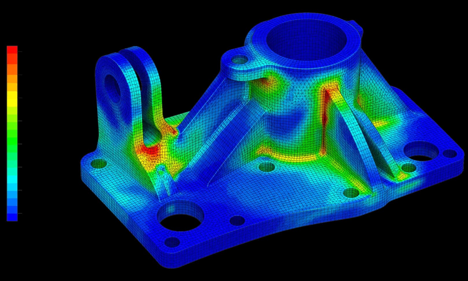 Finite element mesh and stress contour on an engineered mechanical component