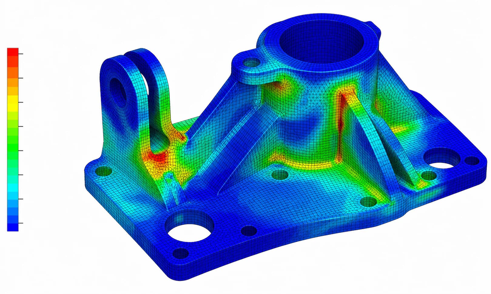 FEA stress contour result on a mechanical component